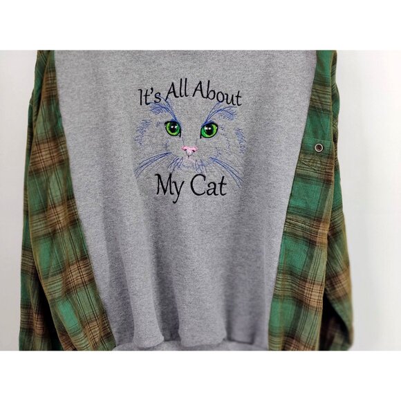 Upcycled It's All About My Cat Embroidered Oversized Sweatshirt Corduroy Flannel - Picture 3 of 9
